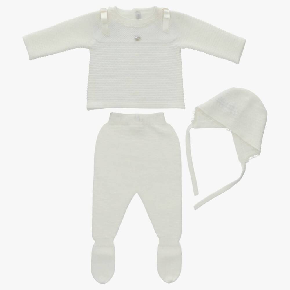 NEW MARTIN ARANDA baby woven top & footed leggings with hat set in white